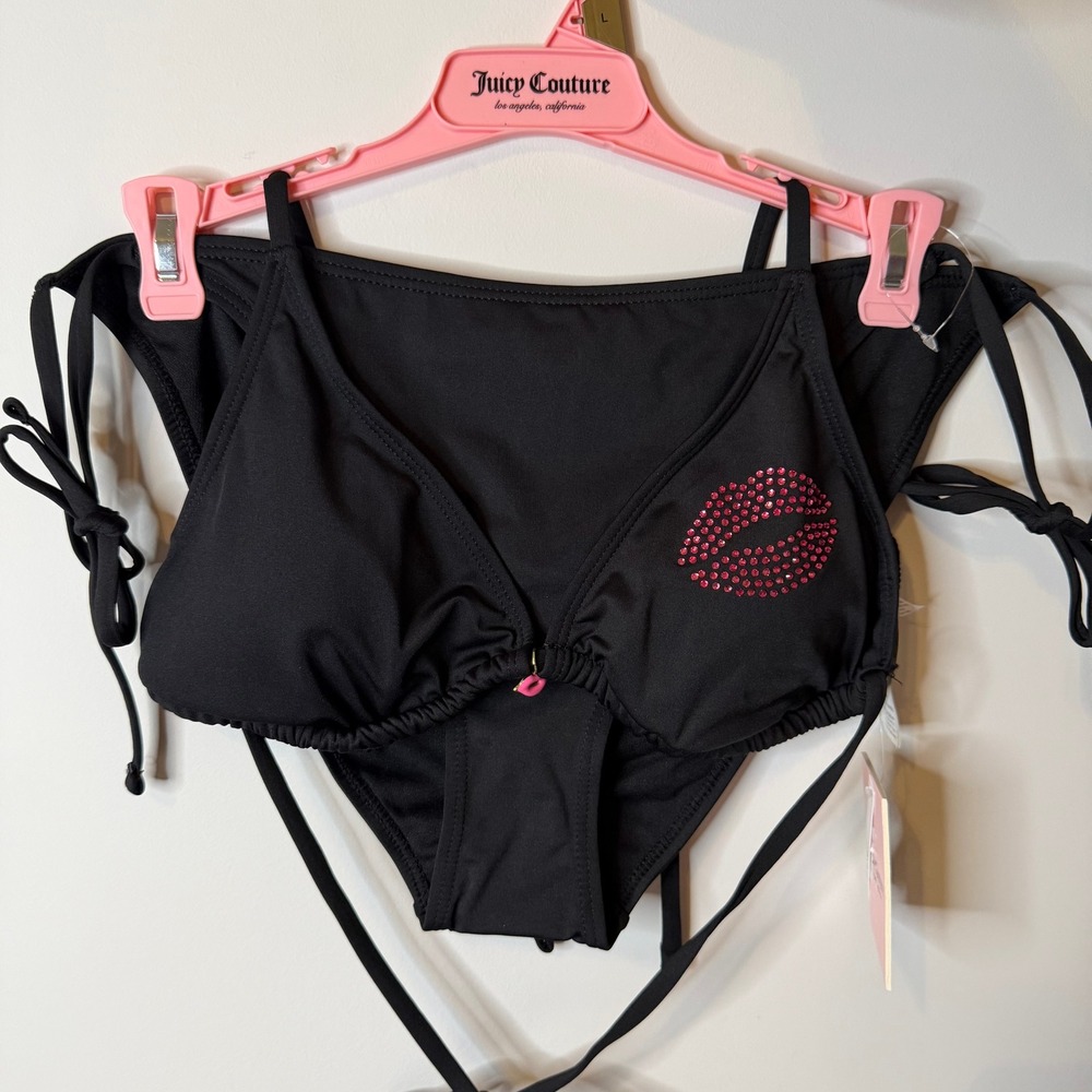 New Juicy Couture L Black Kiss Lips Bikini Bathing Suit Swimwear Clothing Cute